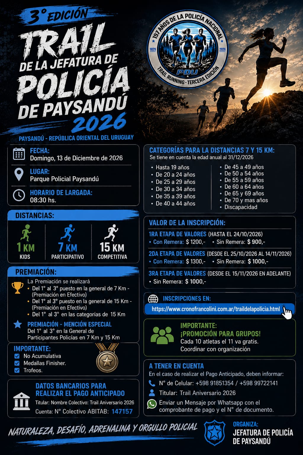 Imagen publicada por Jefatura de Policía de Paysandú sobre Trail Jefatura Policía Paysandú 2026. Los datos están en esta misma página.